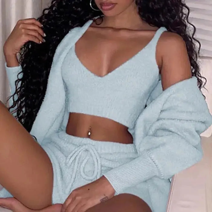 3pcs Womens Clothing Long Sleeve Crop Tank Top And Drawstring Shorts Pajama Set Weselleverythingnow