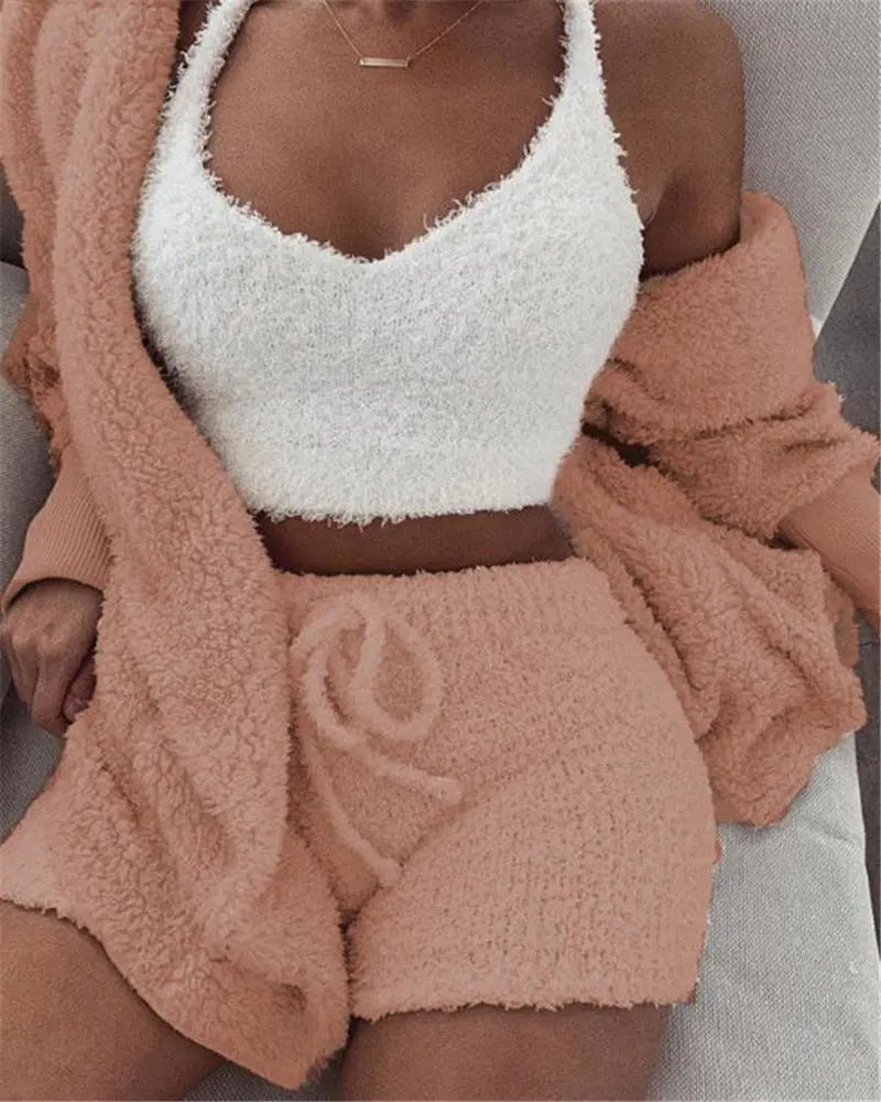 3pcs Womens Clothing Long Sleeve Crop Tank Top And Drawstring Shorts Pajama Set Weselleverythingnow