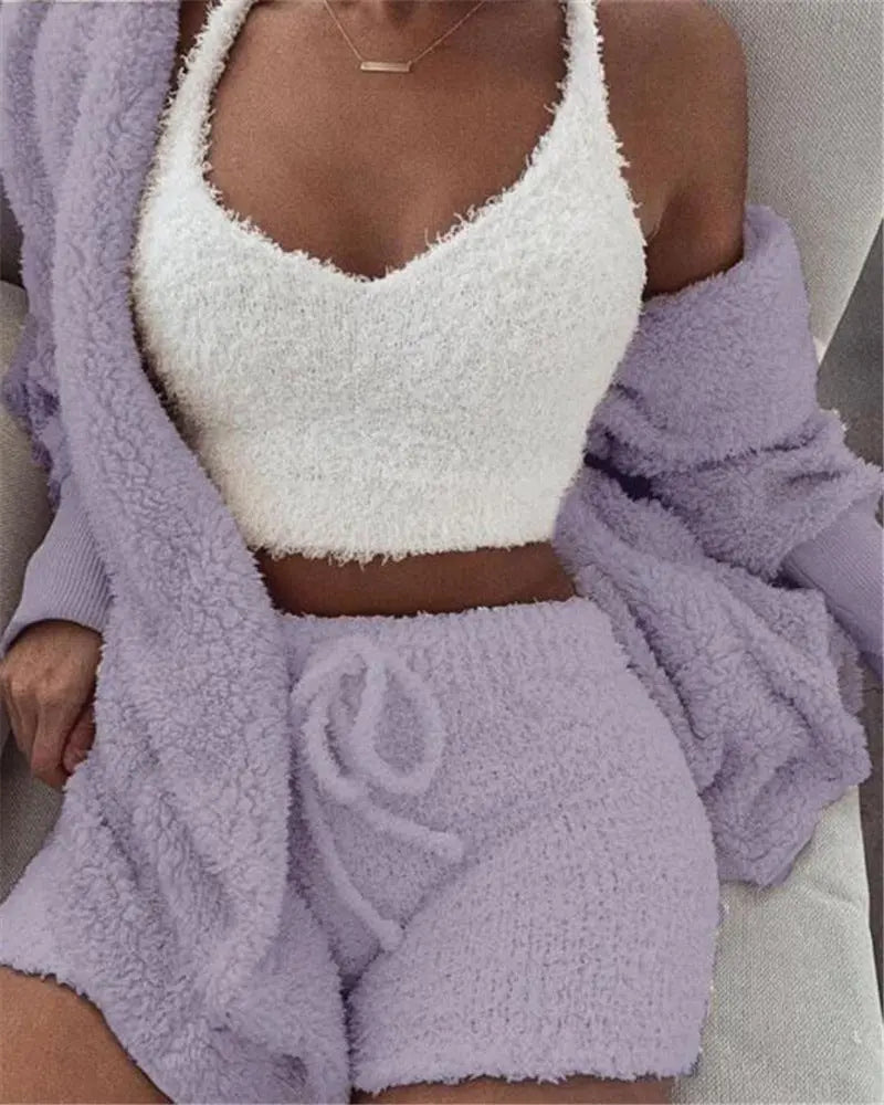 3pcs Womens Clothing Long Sleeve Crop Tank Top And Drawstring Shorts Pajama Set Weselleverythingnow