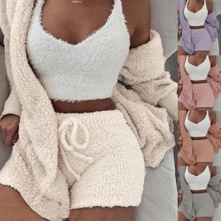 3pcs Womens Clothing Long Sleeve Crop Tank Top And Drawstring Shorts Pajama Set Weselleverythingnow