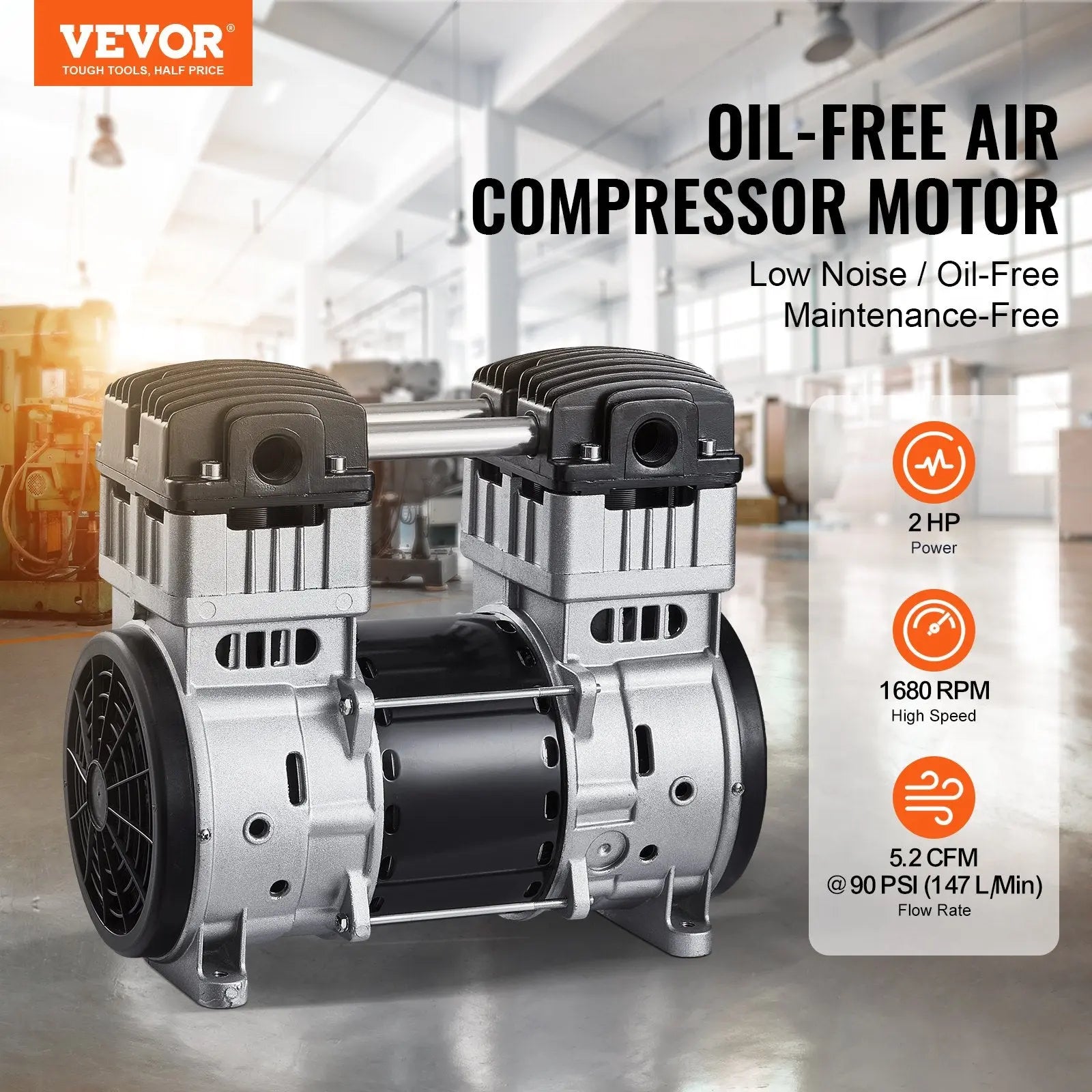 Air Compressor Motor, 2HP 5.2CFM @ 90PSI Oil Free Air Compressor Pump & Max. 145PSI Pressure, 78dB Ultra-Quiet Compressor Motor For Auto Repair, Tire Inflation, Spray Painting, Woodwork Nailing Weselleverythingnow