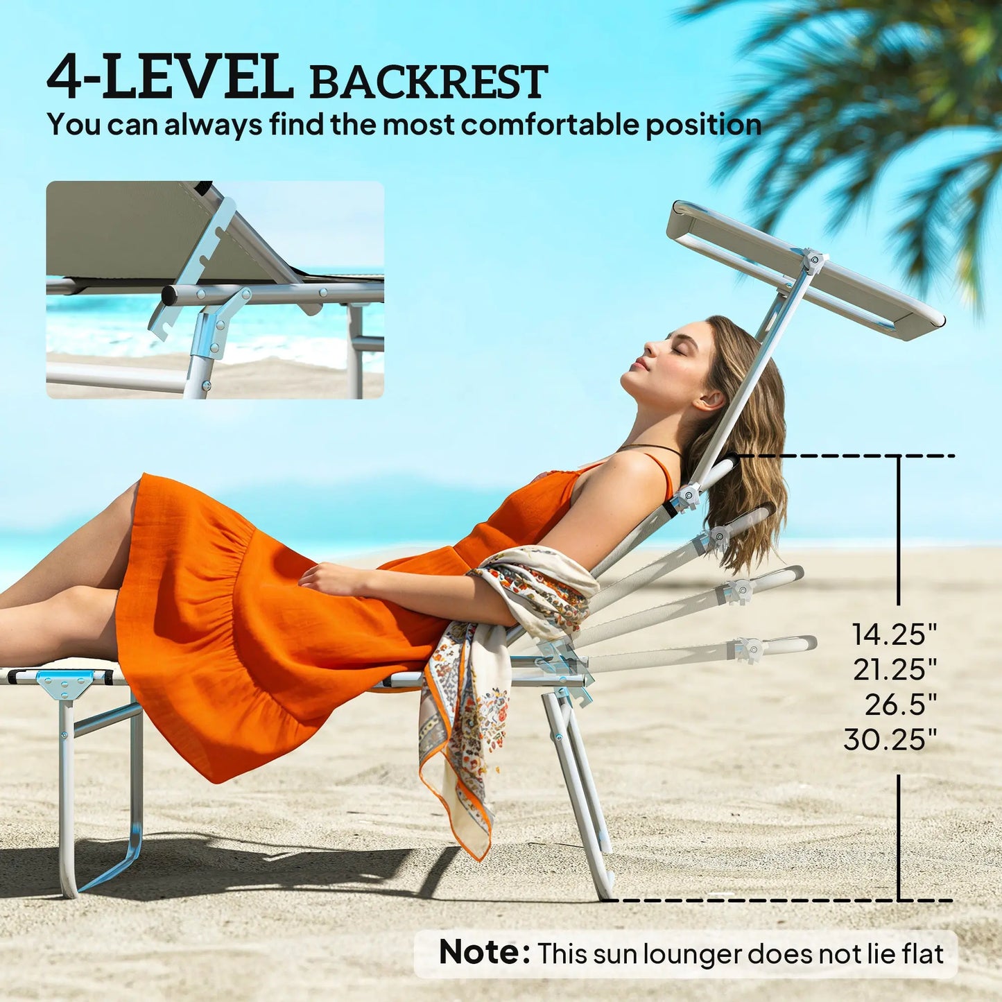 Outdoor Pool Chaise Lounge Chair, Folding Tanning Chair with Sun Shade, Cream White Weselleverythingnow