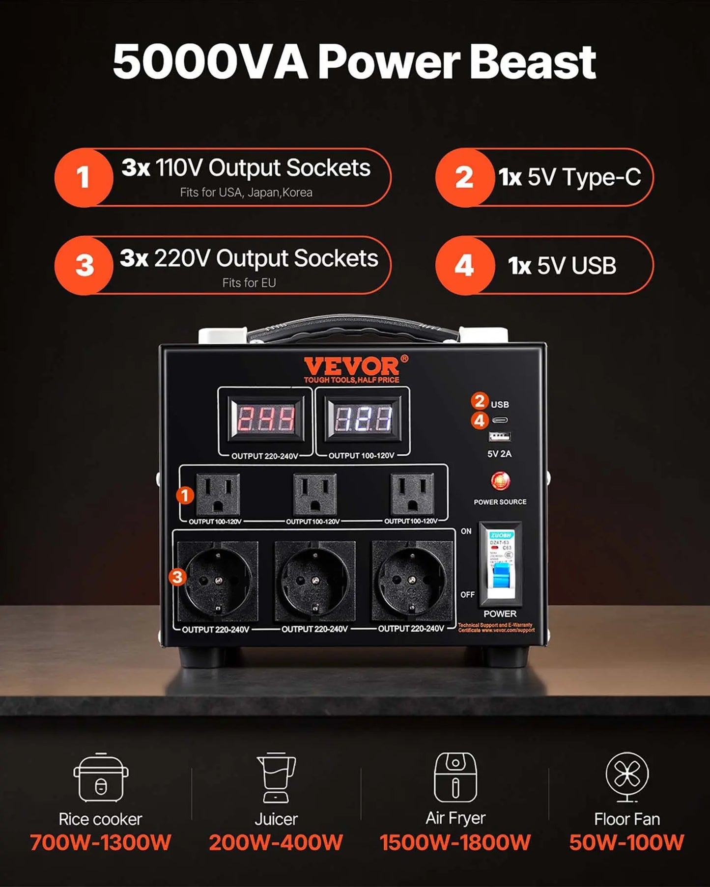5000W Spannungswandler Transformator AC 110V⇋220V Transformer Wandler 3x US NEMA 5-15R 3-polige / 3x Europäische Shucko-Ausgangssteckdosen, 1x 5V-USB-Anschluss Und 1x Typ-C-Buchse Weselleverythingnow