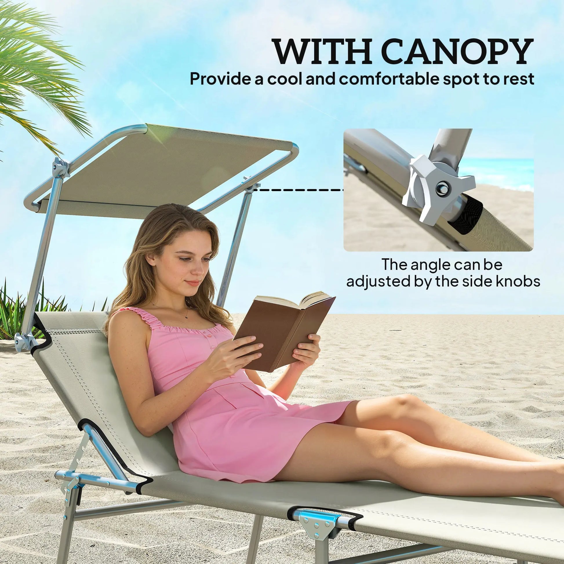 Outdoor Pool Chaise Lounge Chair, Folding Tanning Chair with Sun Shade, Cream White Weselleverythingnow
