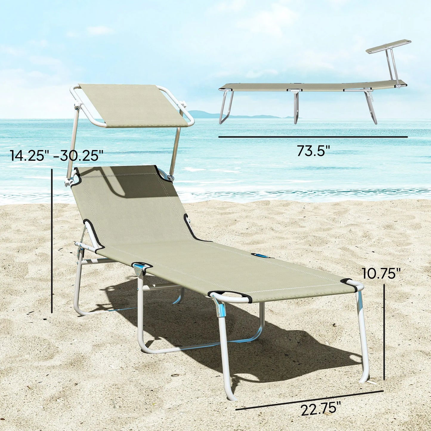 Outdoor Pool Chaise Lounge Chair, Folding Tanning Chair with Sun Shade, Cream White Weselleverythingnow