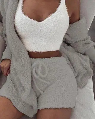 3pcs Womens Clothing Long Sleeve Crop Tank Top And Drawstring Shorts Pajama Set Weselleverythingnow