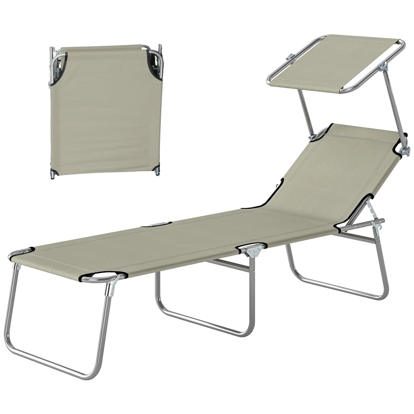 Outdoor Pool Chaise Lounge Chair, Folding Tanning Chair with Sun Shade, Cream White Weselleverythingnow