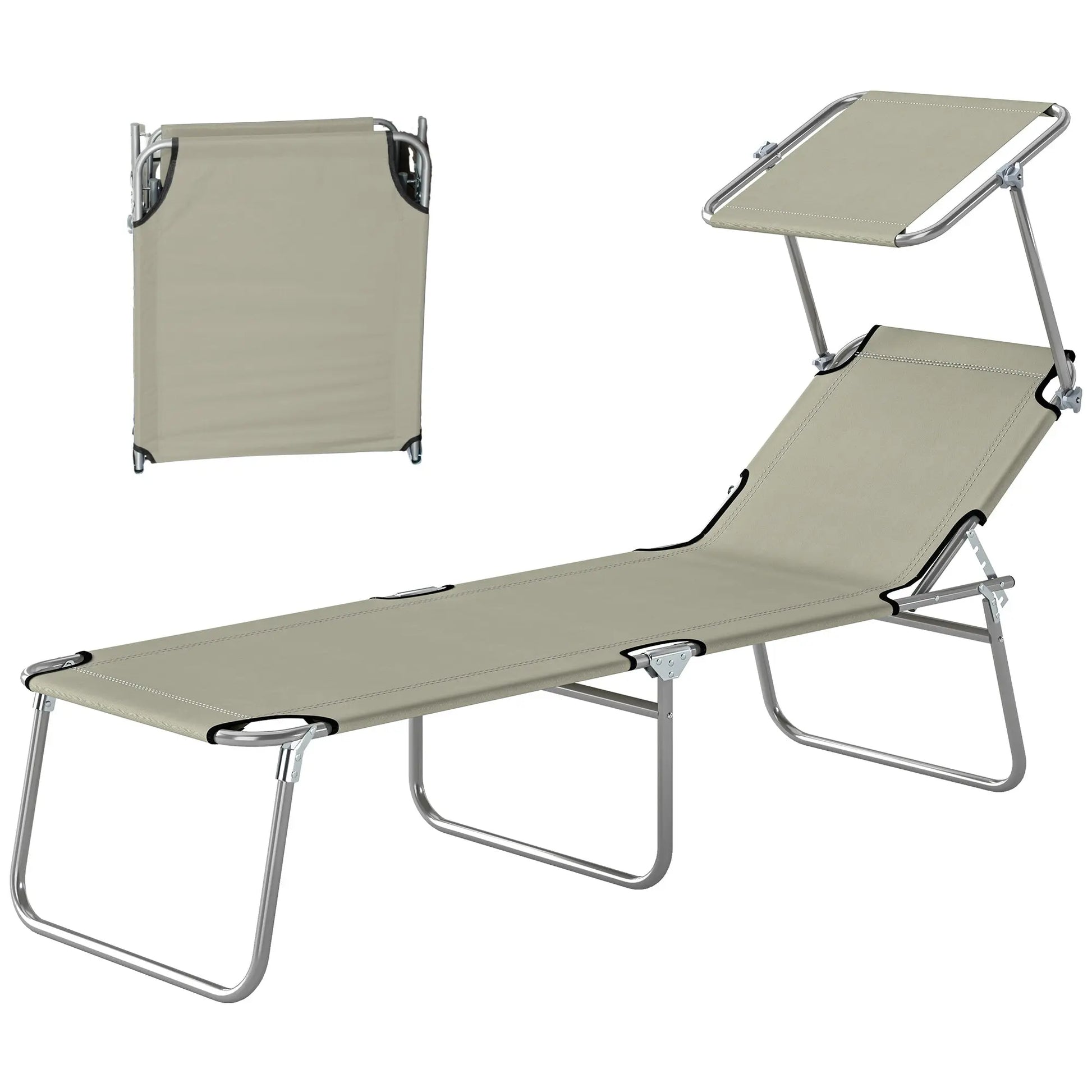Outdoor Pool Chaise Lounge Chair, Folding Tanning Chair with Sun Shade, Cream White Weselleverythingnow