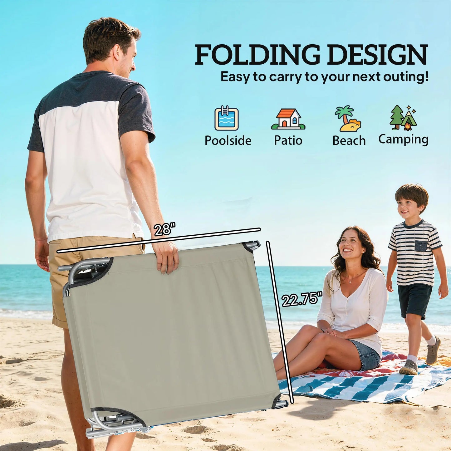 Outdoor Pool Chaise Lounge Chair, Folding Tanning Chair with Sun Shade, Cream White Weselleverythingnow