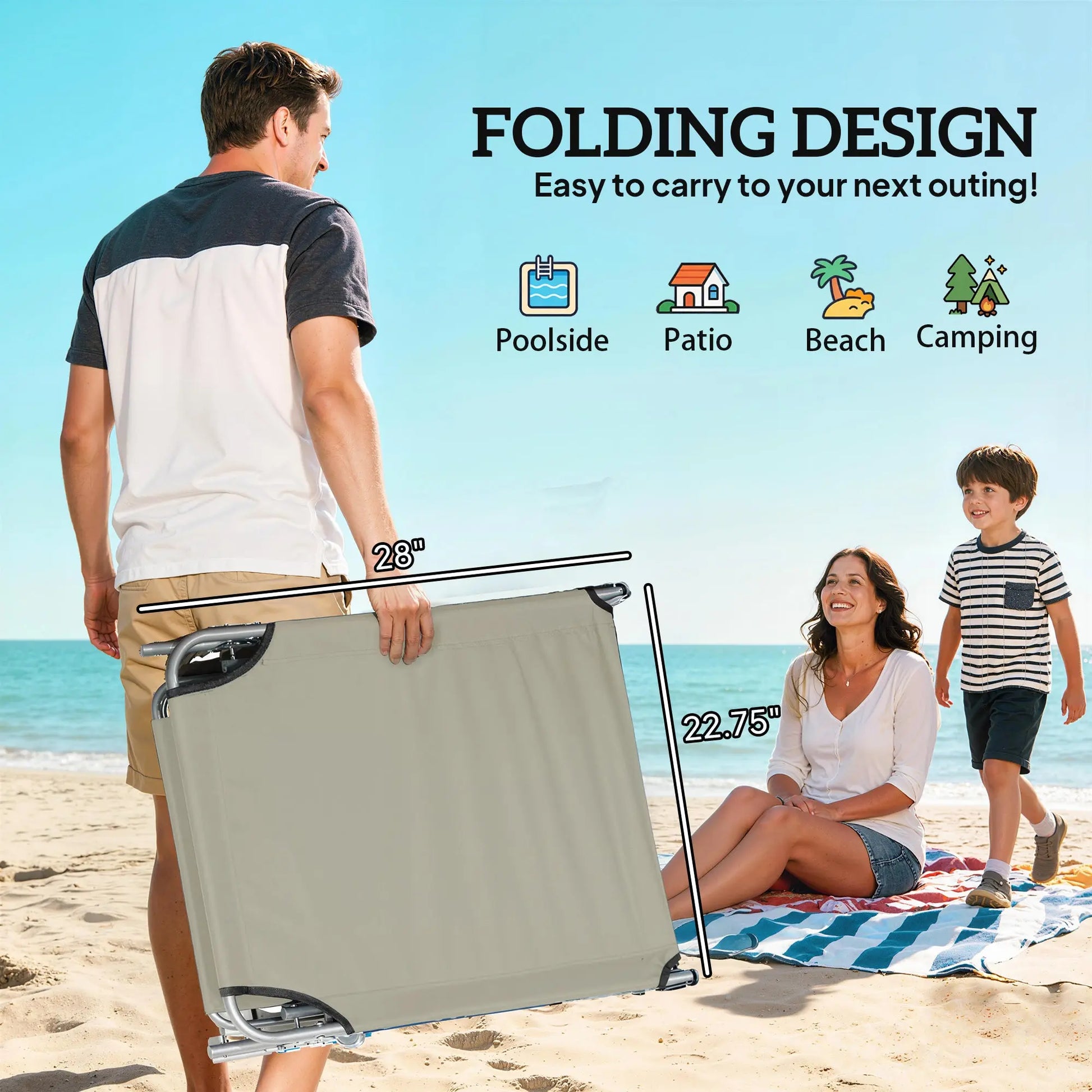 Outdoor Pool Chaise Lounge Chair, Folding Tanning Chair with Sun Shade, Cream White Weselleverythingnow