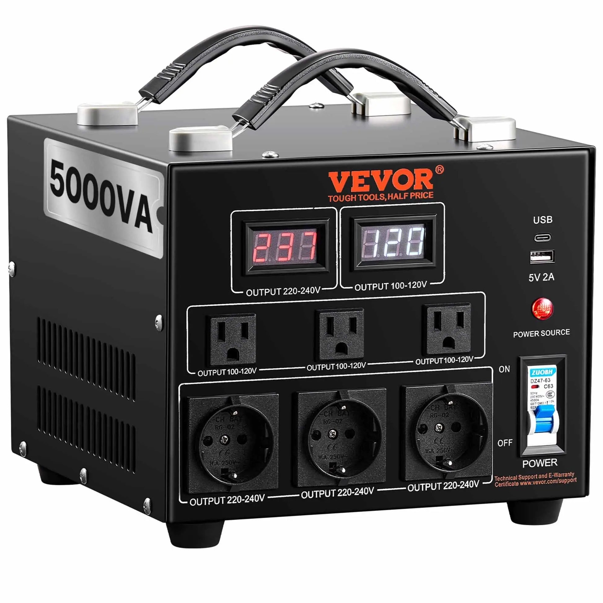 5000W Spannungswandler Transformator AC 110V⇋220V Transformer Wandler 3x US NEMA 5-15R 3-polige / 3x Europäische Shucko-Ausgangssteckdosen, 1x 5V-USB-Anschluss Und 1x Typ-C-Buchse Weselleverythingnow