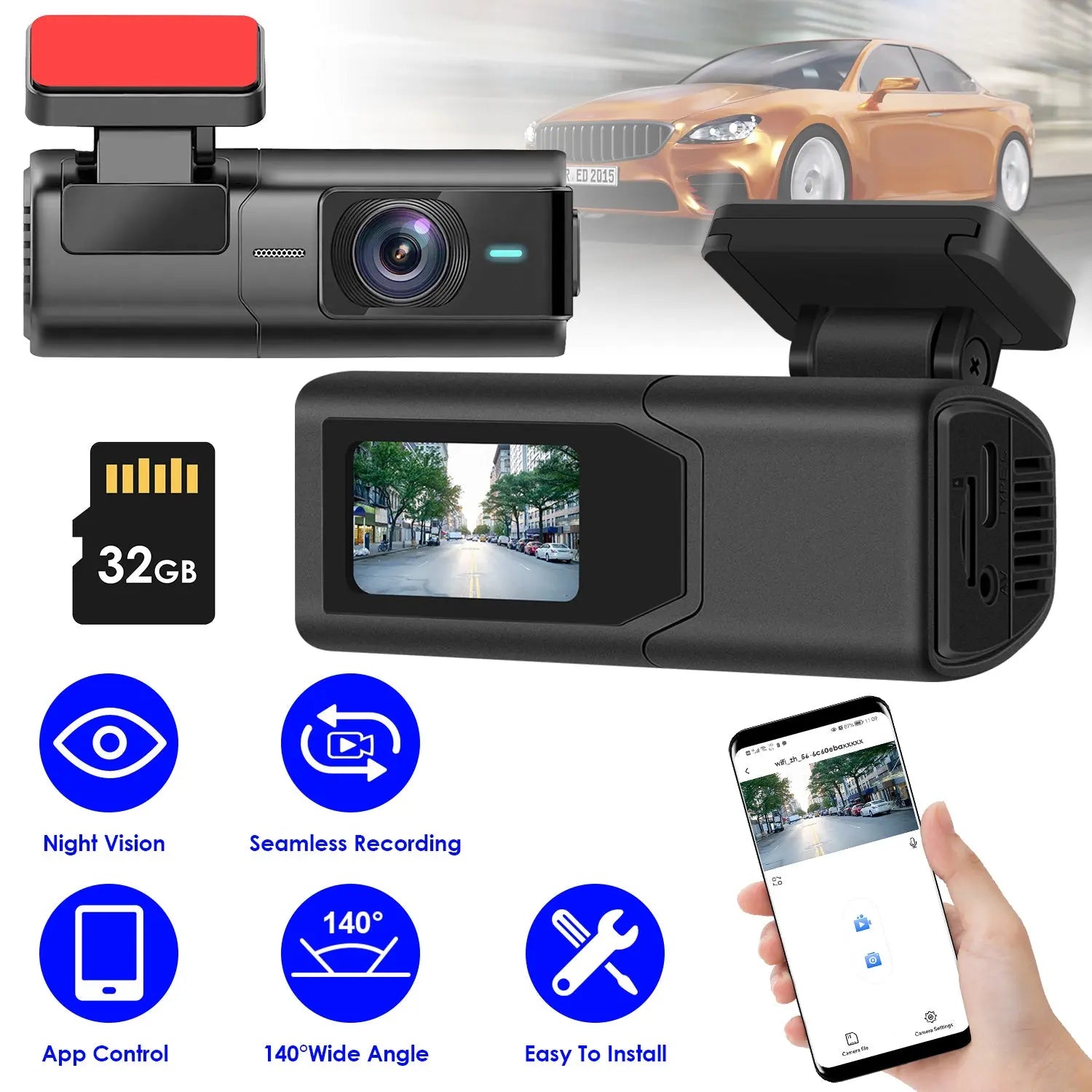 1Pc 2K HD Front Dash Cam For Car With IPS Screen Night Vision Loop Recording Included 32G Storage Card 140 Degree Wide Angle WiFi App Control Front Dashcam Weselleverythingnow