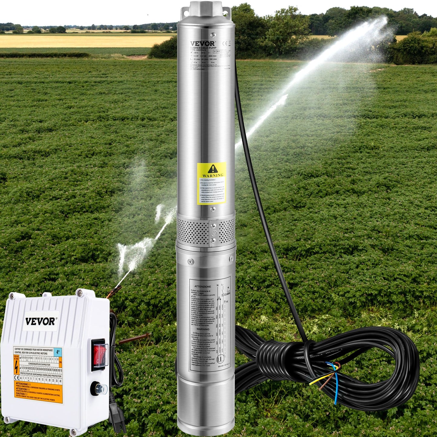 Deep Well Submersible Pump, 2HP 230V/60Hz, 37GPM 427 Ft Head, With 33 Ft Cord & External Control Box, 4 Inch Stainless Steel Water Pumps For Industrial, Irrigation And Home Use, IP68 Waterproof