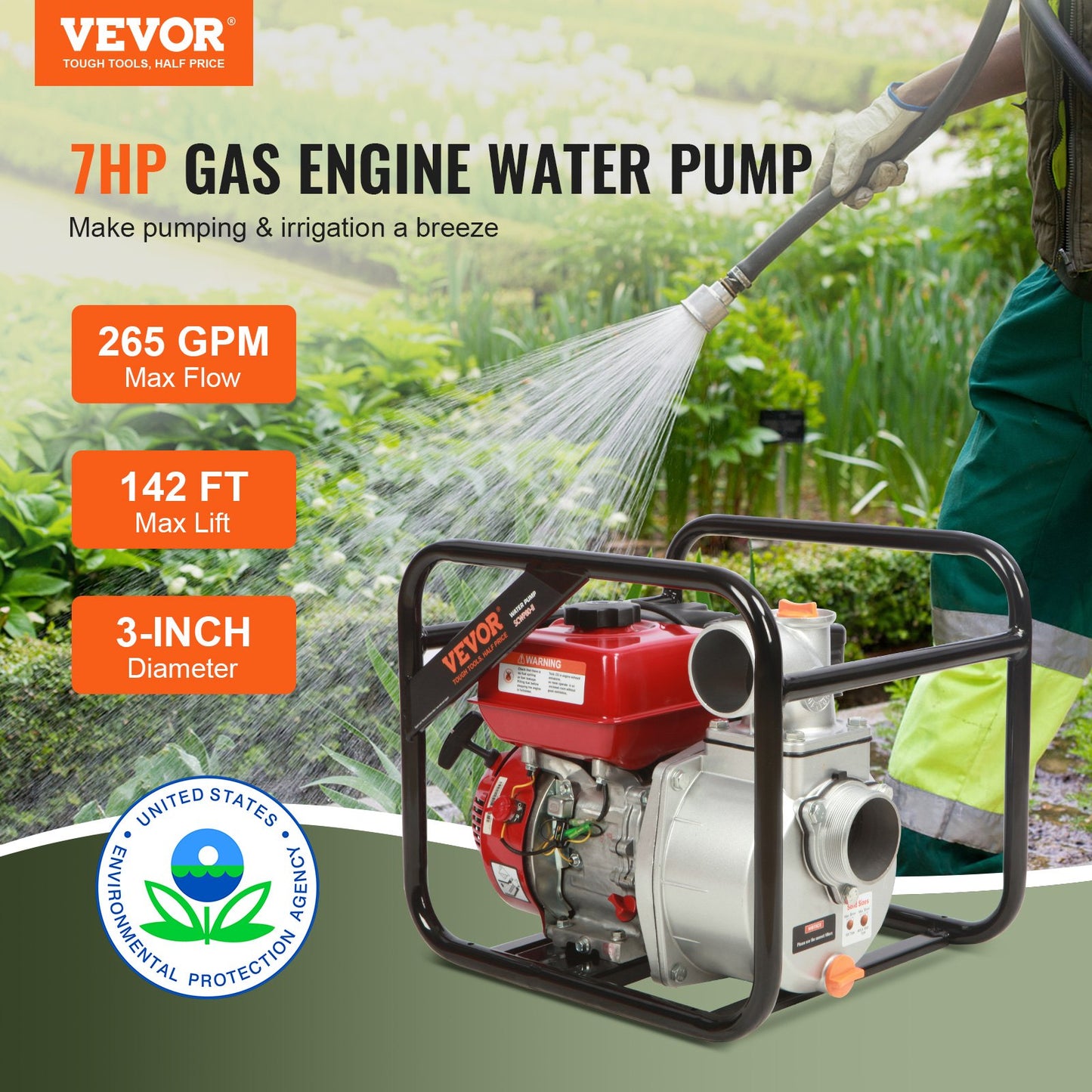 Gasoline Engine Water Pump, 3-inch, 7HP 265 GPM, 142ft Lift, 22ft Suction, 4-Stroke Gas Powered Trash Water Transfer Pump Portable High Pressure With 25ft Hose For Irrigation Pool, EPA Certified