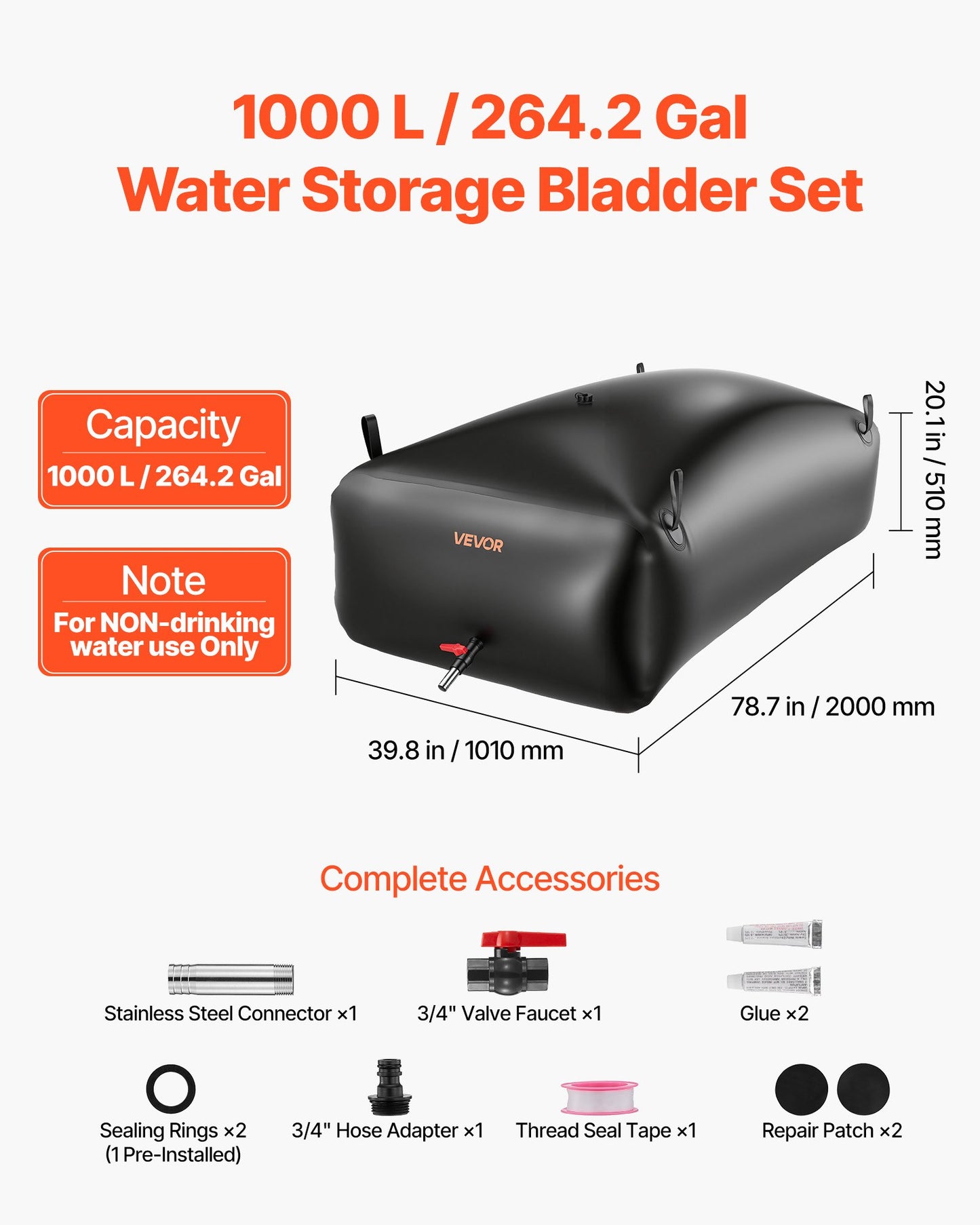Water Storage Bladder, 264.2 Gal Collapsible Water Storage Bag, Wear-Resistant 1000D PVC Soft Waters Bag, Leakproof Camping Tank Containers For Garden Irrigation RV Emergency Use, Black
