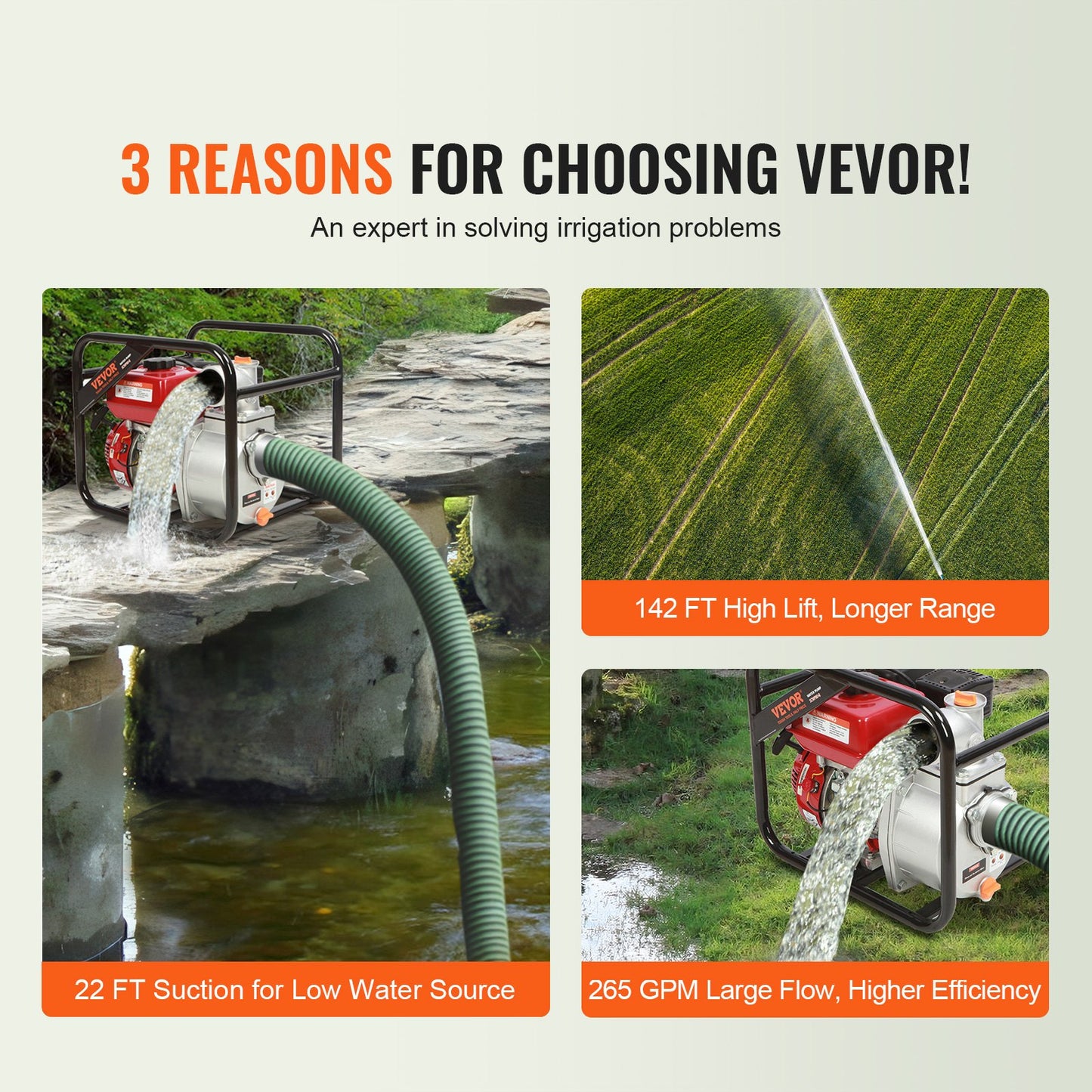 Gasoline Engine Water Pump, 3-inch, 7HP 265 GPM, 142ft Lift, 22ft Suction, 4-Stroke Gas Powered Trash Water Transfer Pump Portable High Pressure With 25ft Hose For Irrigation Pool, EPA Certified