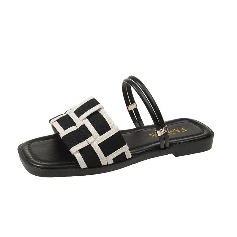 Square Toe Sandals Women's Canvas Check Pattern Flat Sandals