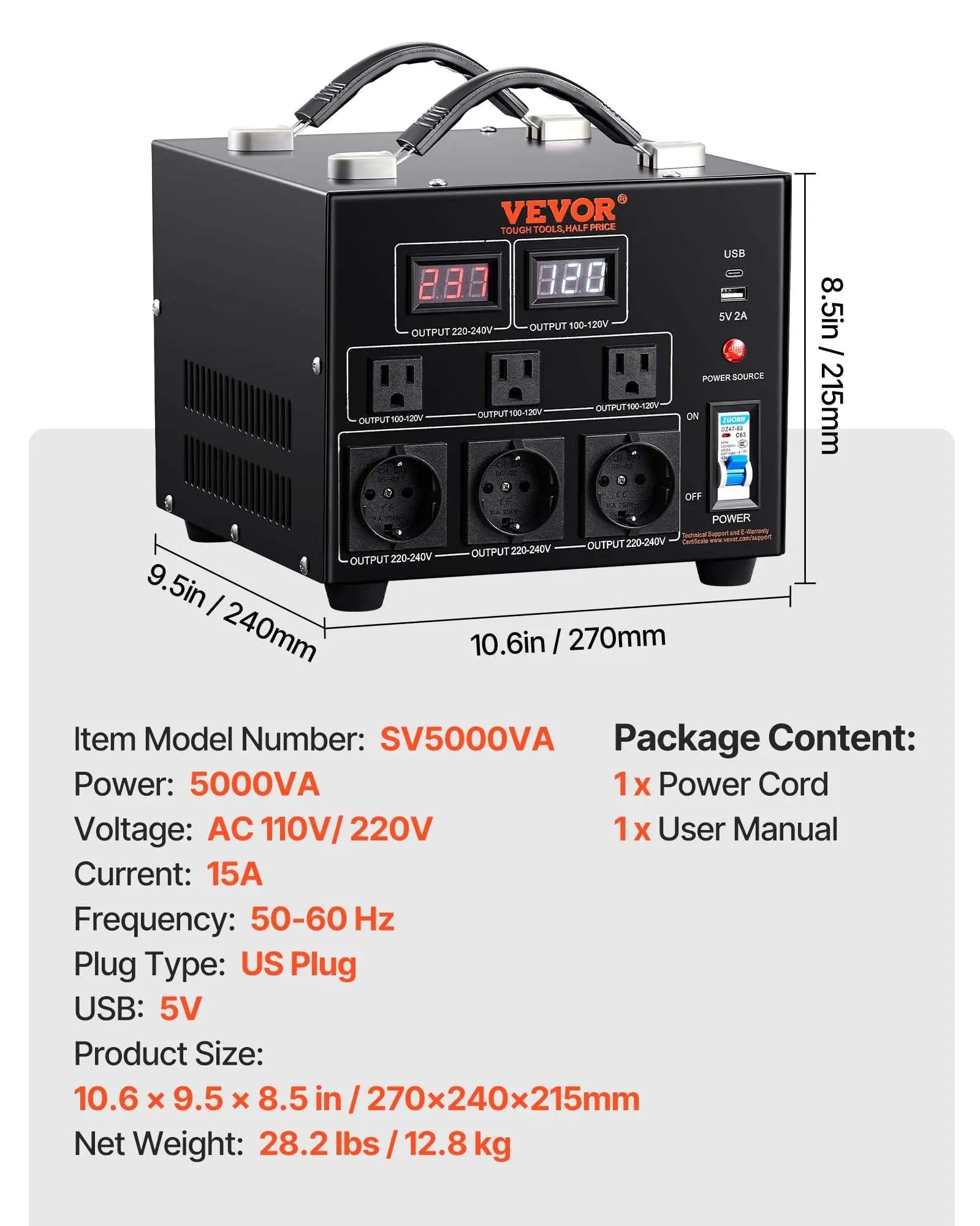 5000W Spannungswandler Transformator AC 110V⇋220V Transformer Wandler 3x US NEMA 5-15R 3-polige / 3x Europäische Shucko-Ausgangssteckdosen, 1x 5V-USB-Anschluss Und 1x Typ-C-Buchse Weselleverythingnow